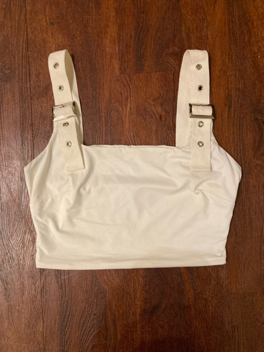 Tiger Mist Cream Buckle Strap Crop Top
